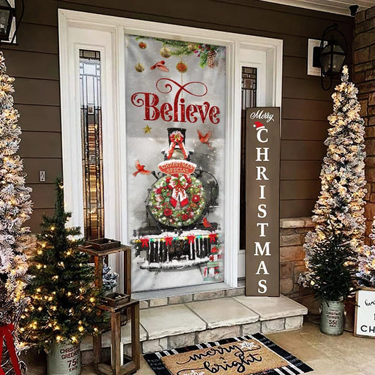 Train Christmas Believe Door Cover - Christmas Outdoor Decoration