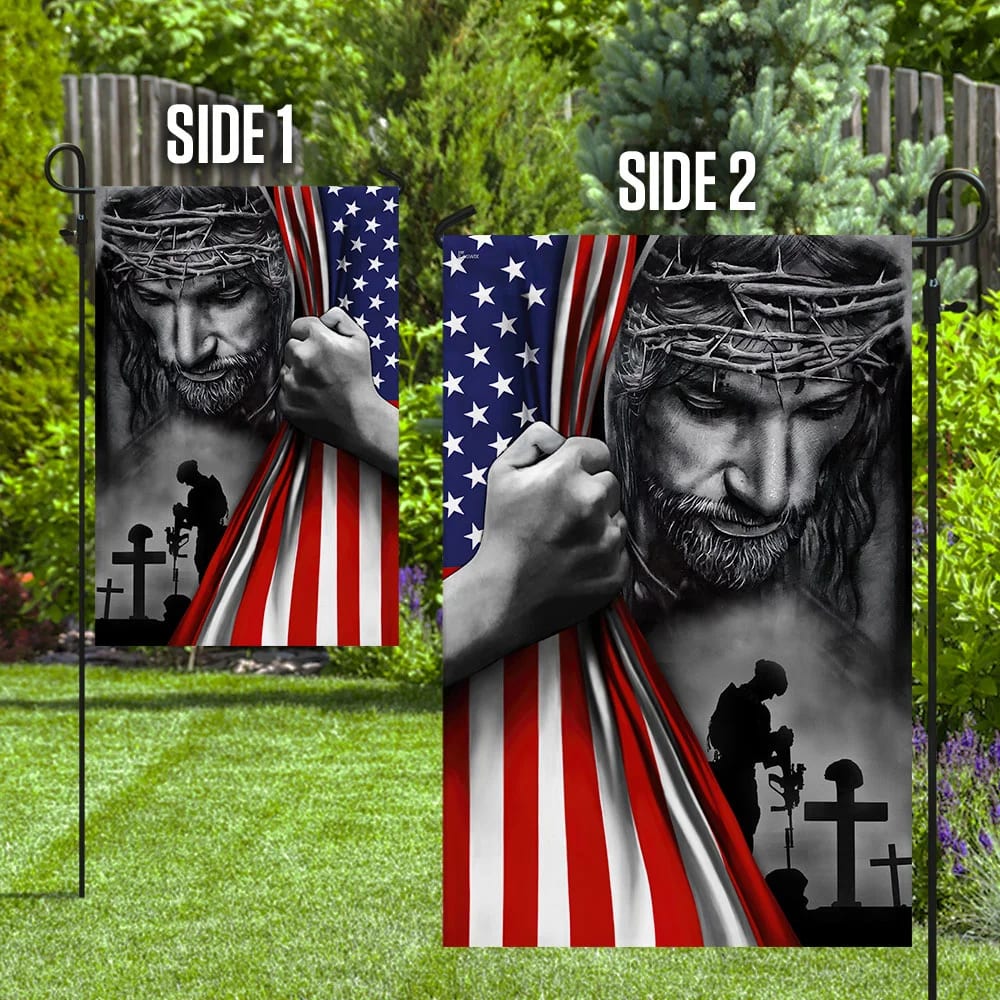 Veteran Stand For The House Flags Kneel For The Cross Jesus American House Flags - Christian Garden Flags - Outdoor Christian Flag