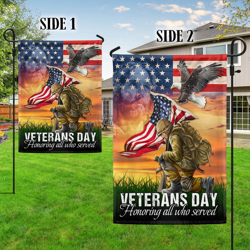 Veterans Day Honoring All Who Served Kneeling Soldier American Flag - Outdoor House Flags - Decorative Flags