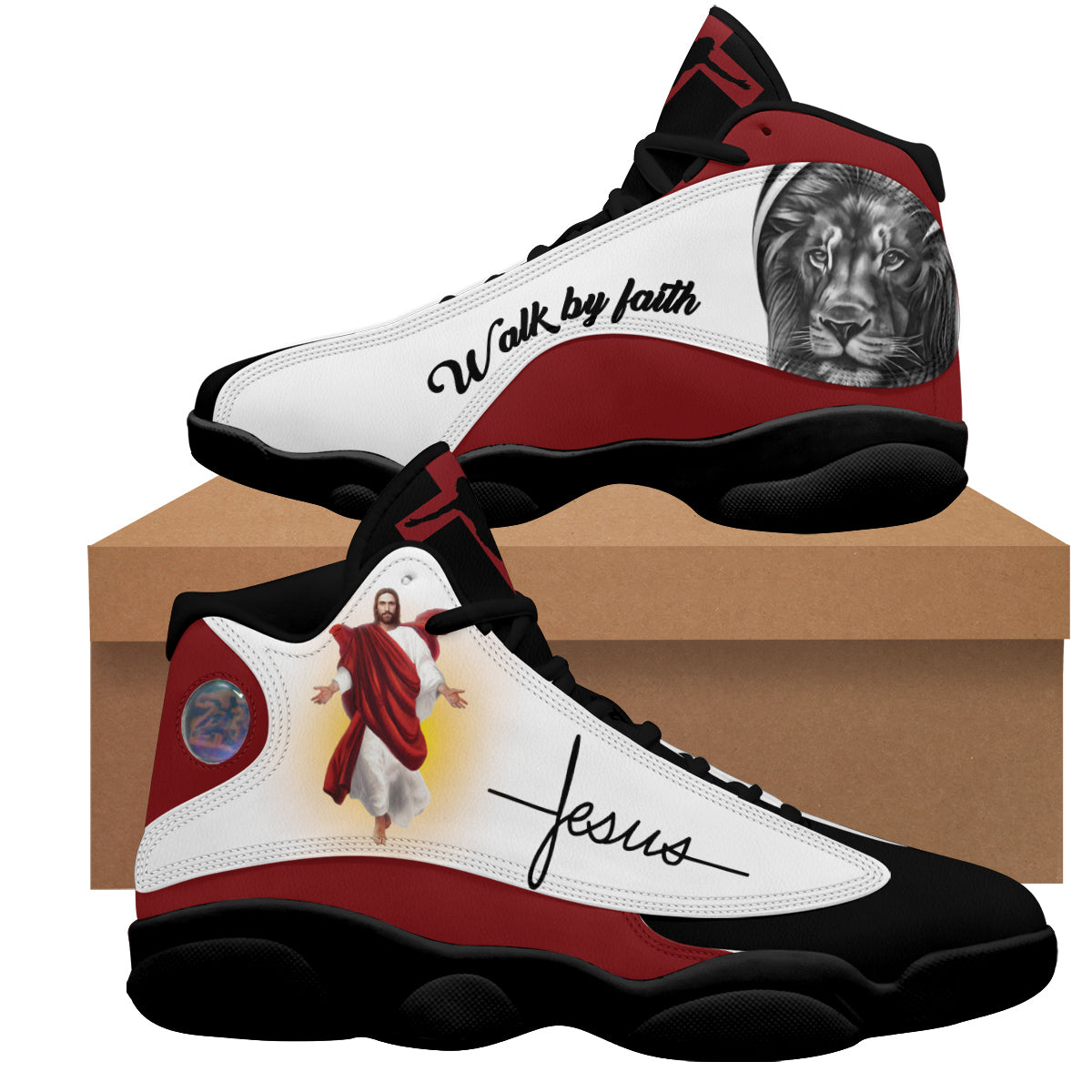 Walk By Faith Jesus And Lion Art Basketball Shoes For Men Women - Christian Shoes - Jesus Shoes - Unisex Basketball Shoes