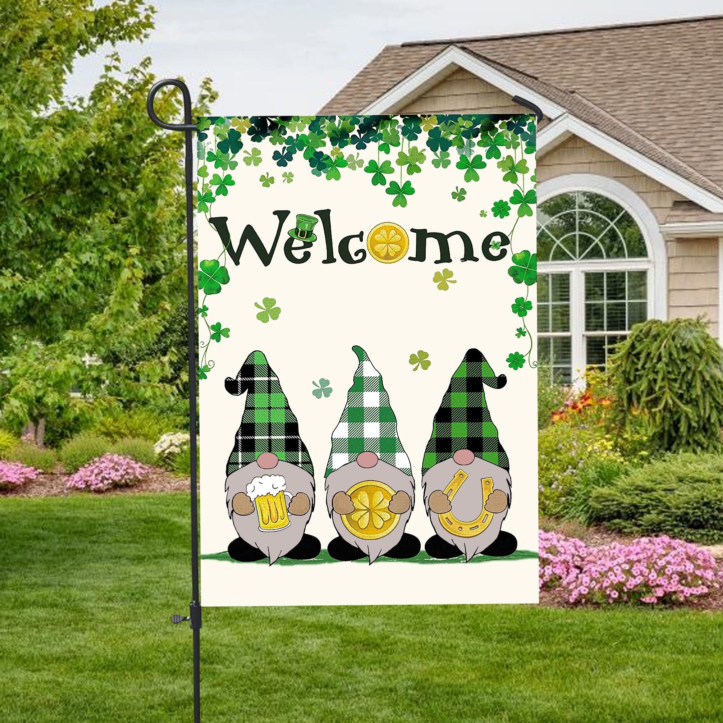 Welcome St. Patrick's Day Gnomes Saint Gnomes House Flag - St. Patrick's Day Garden Flag - Outdoor St Patrick's Day Decor