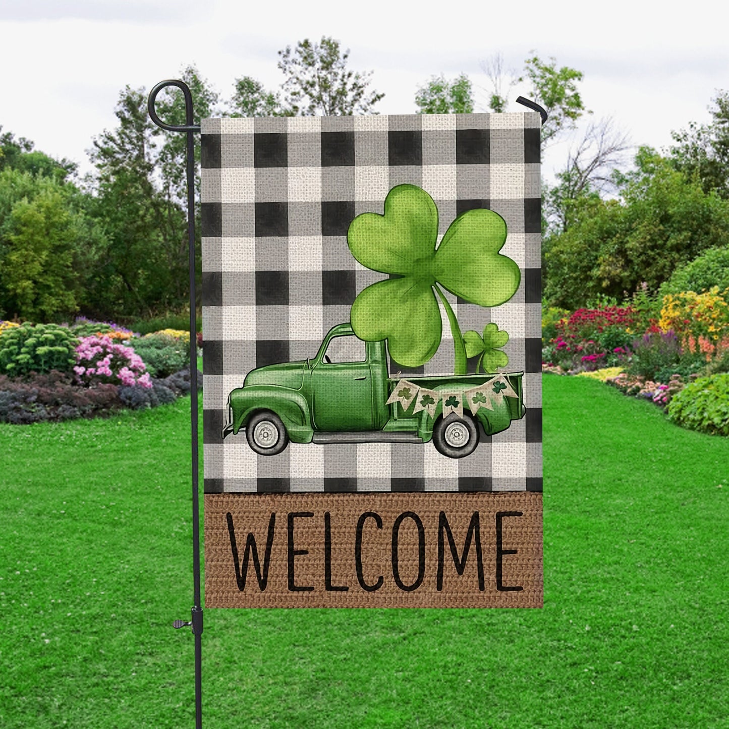 Welcome St. Patrick's Day Green Truck House Flag - St. Patrick's Day Garden Flag - Outdoor St Patrick's Day Decor