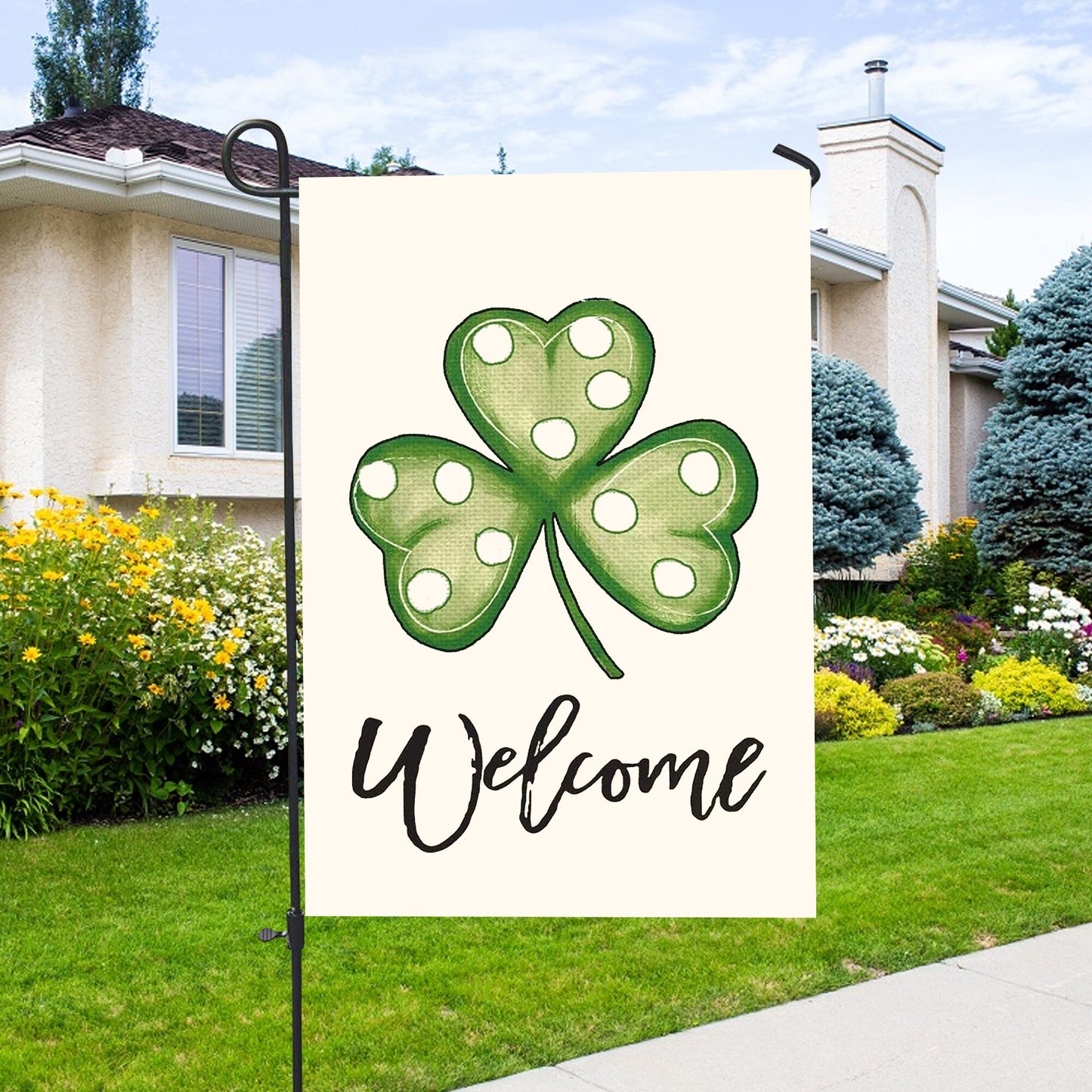 Welcome St. Patrick's Day Polka Dot Shamrock Clover House Flag - St. Patrick's Day Garden Flag - Outdoor St Patrick's Day Decor