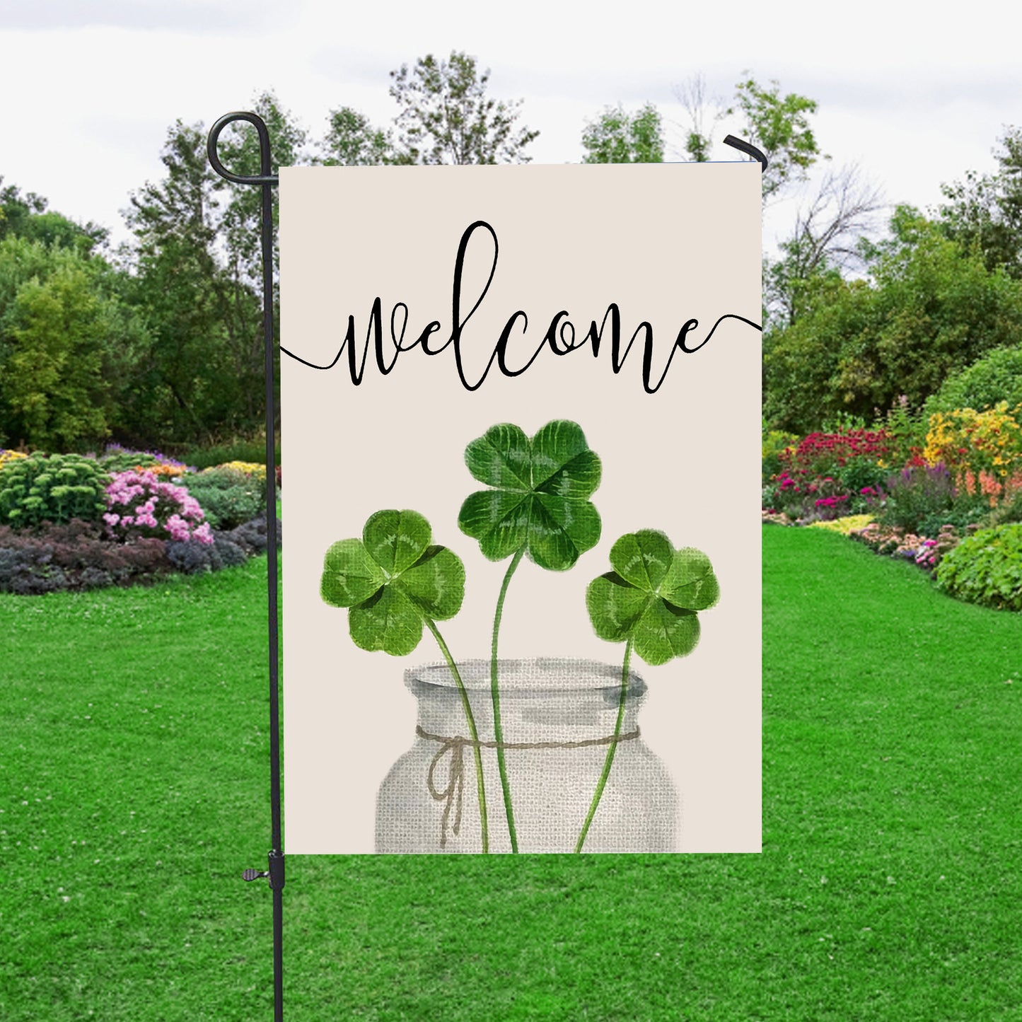 Welcome St. Patrick's Day Shamrock Clover Vase House Flag - St. Patrick's Day Garden Flag - Outdoor St Patrick's Day Decor
