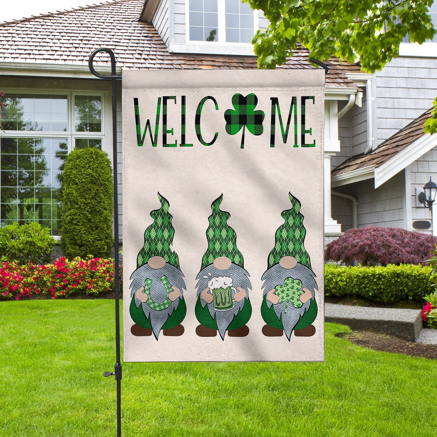 Welcome St. Patricks Day Gnomes Saint Gnomes House Flag - St. Patrick's Day Garden Flag - Outdoor St Patrick's Day Decor