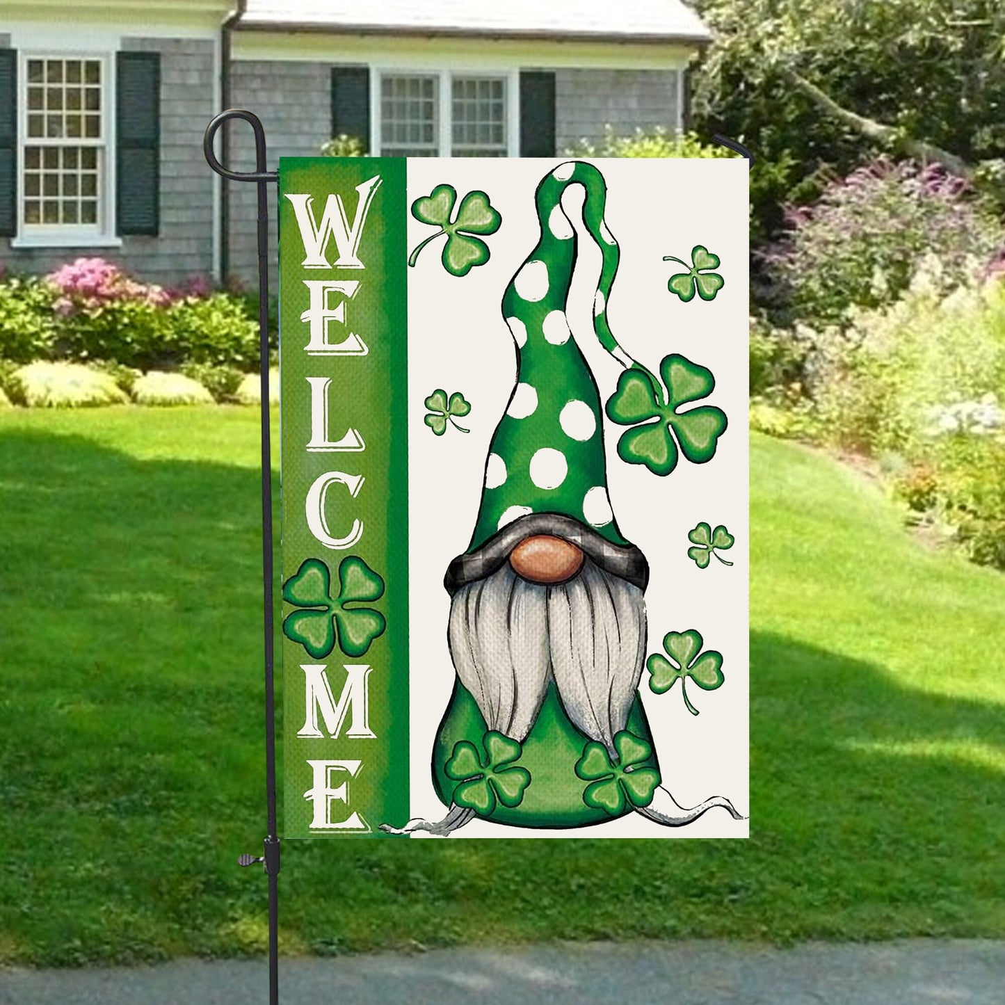Welcome St. Patricks Day Gnomes St Gnomes House Flag - St. Patrick's Day Garden Flag - Outdoor St Patrick's Day Decor