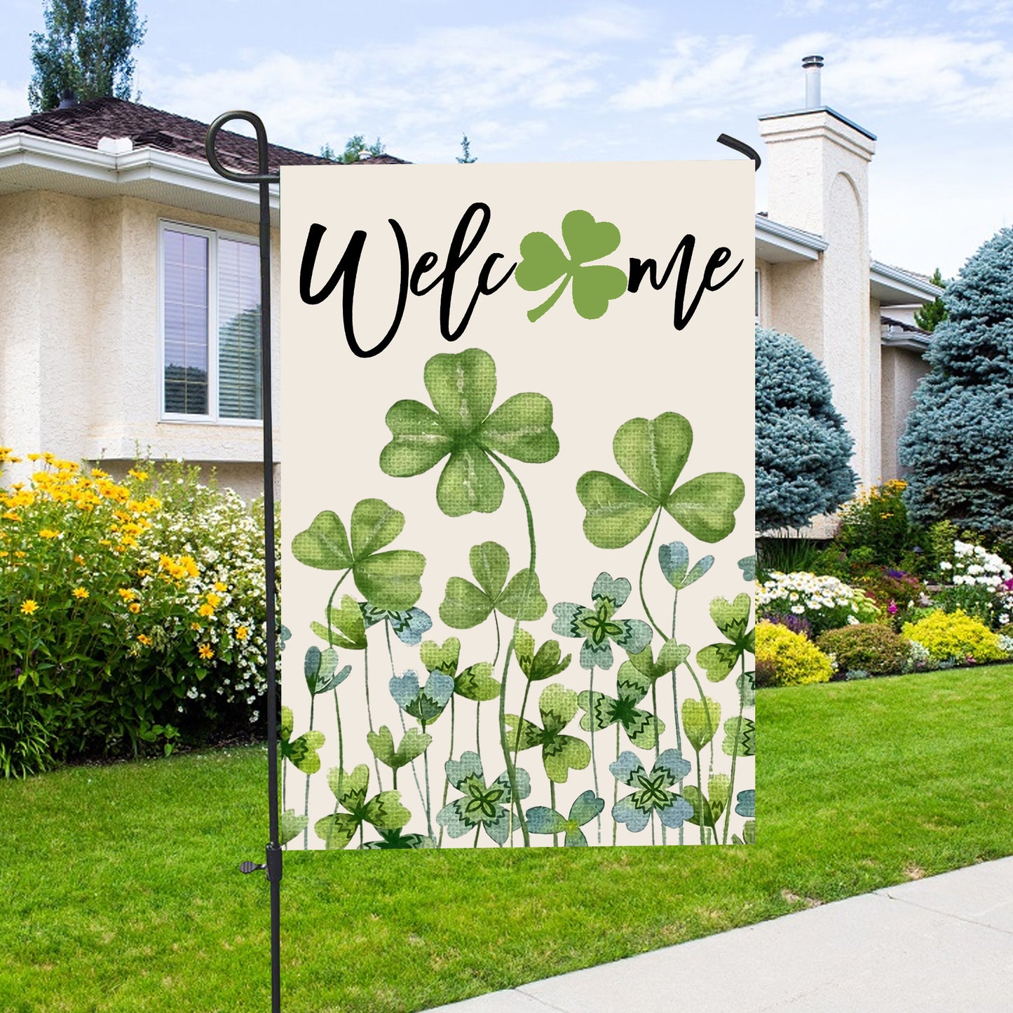 Welcome St. Patricks Day Green Shamrock Clover House Flag - St. Patrick's Day Garden Flag - Outdoor St Patrick's Day Decor