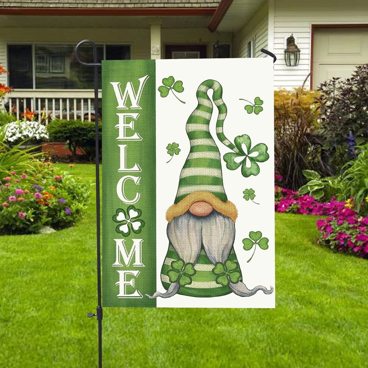 Welcome St Patrick's Day Gnomes Saint Gnomes House Flag - St. Patrick's Day Garden Flag - Outdoor St Patrick's Day Decor