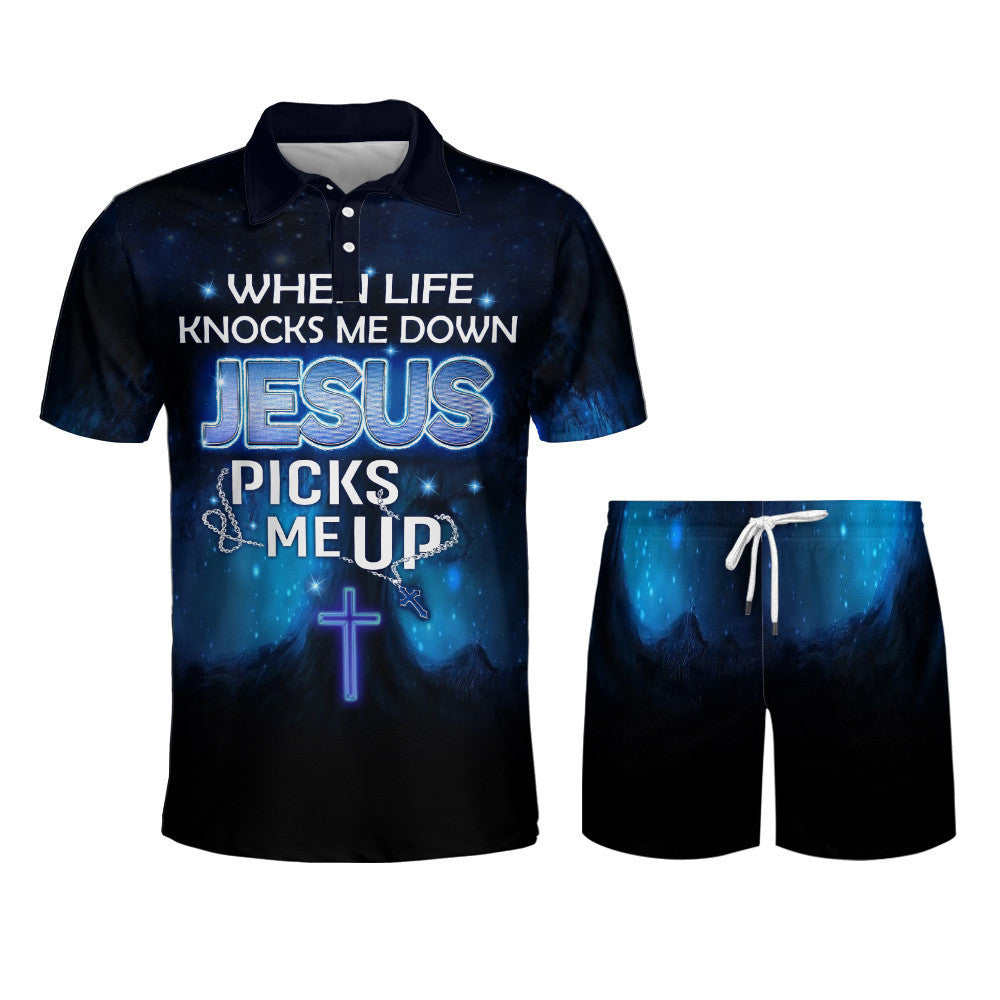 When I Life Knocks Me Down Jesus Picks Me Up Cross Polo Shirt - Christian Shirts & Shorts