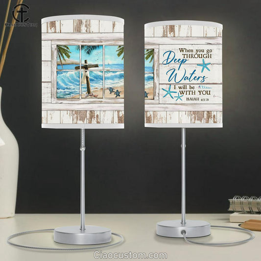 When You Go Through Deep Water I Will Be With You Cross Ocean Sea Turtle Table Lamp Painting - Gifts For Turtle Lovers