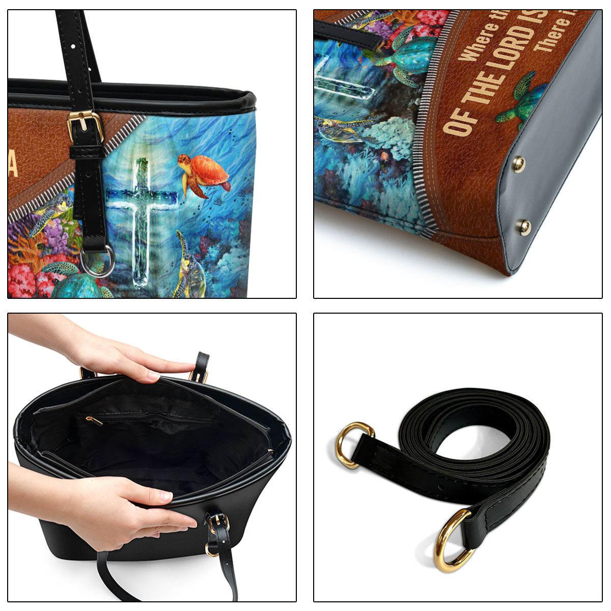 Where The Spirit Of The Lord Is There Is Freedom Personalized Cross Large Pu Leather Tote Bag For Women - Mom Gifts For Mothers Day