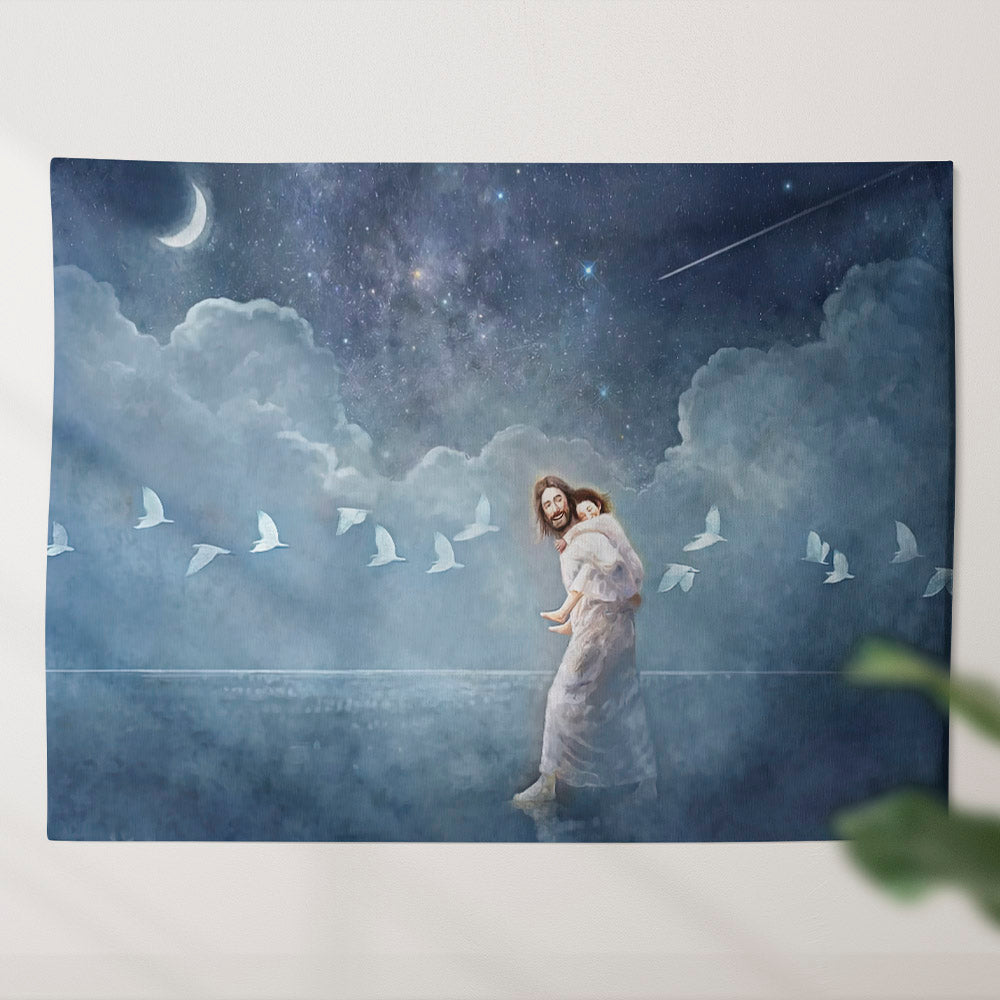 Jesus Christ Carrying A Young Girl Tapestry - With All Thy Heart - Jesus Wall Tapestry - Christian Wall Tapestry - Religious Tapestry - Ciaocustom