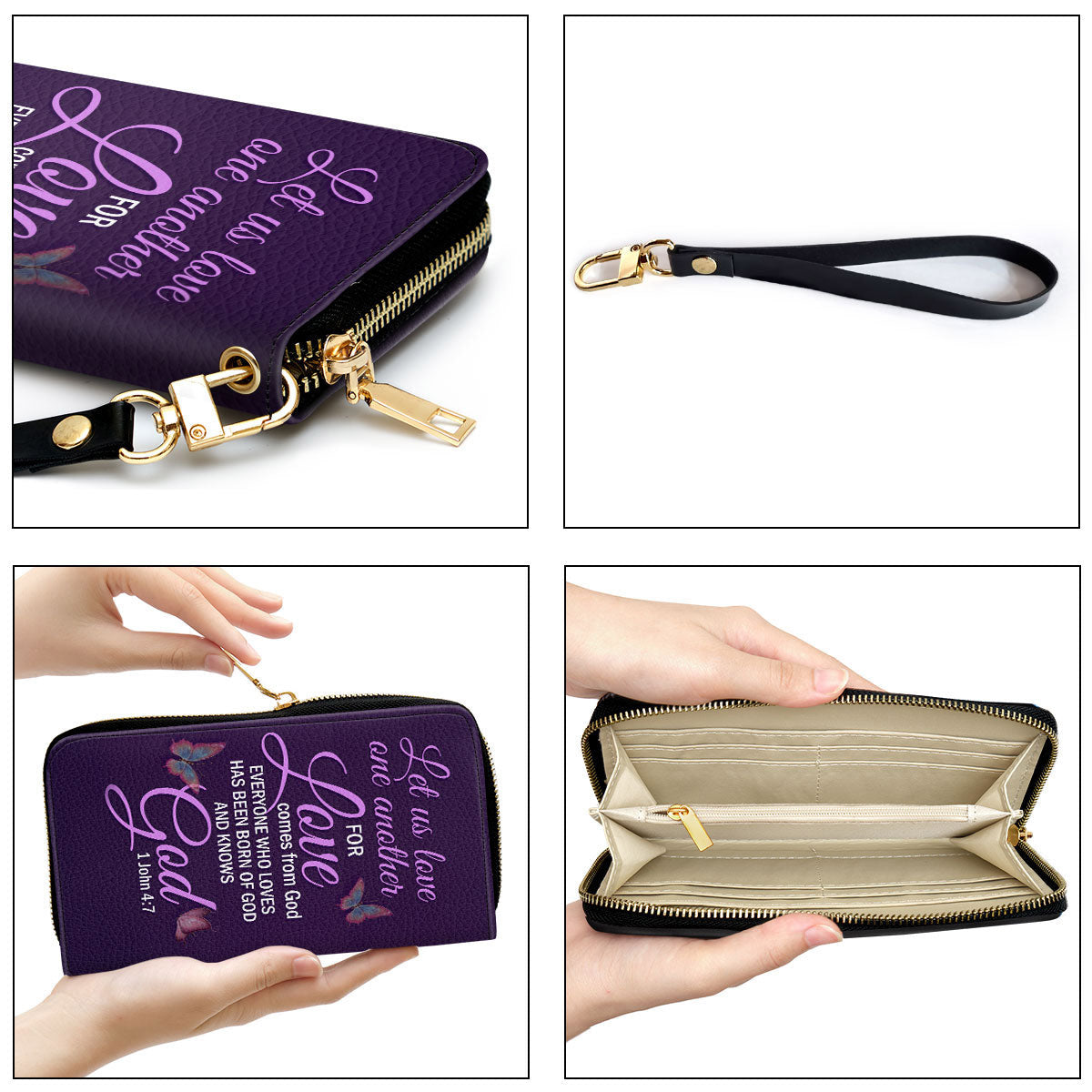 Women Clutch Purse - 1 John 47 Personalized Purple Leather Clutch Purse Bible Gifts For Religious Women Let Us Love One Another