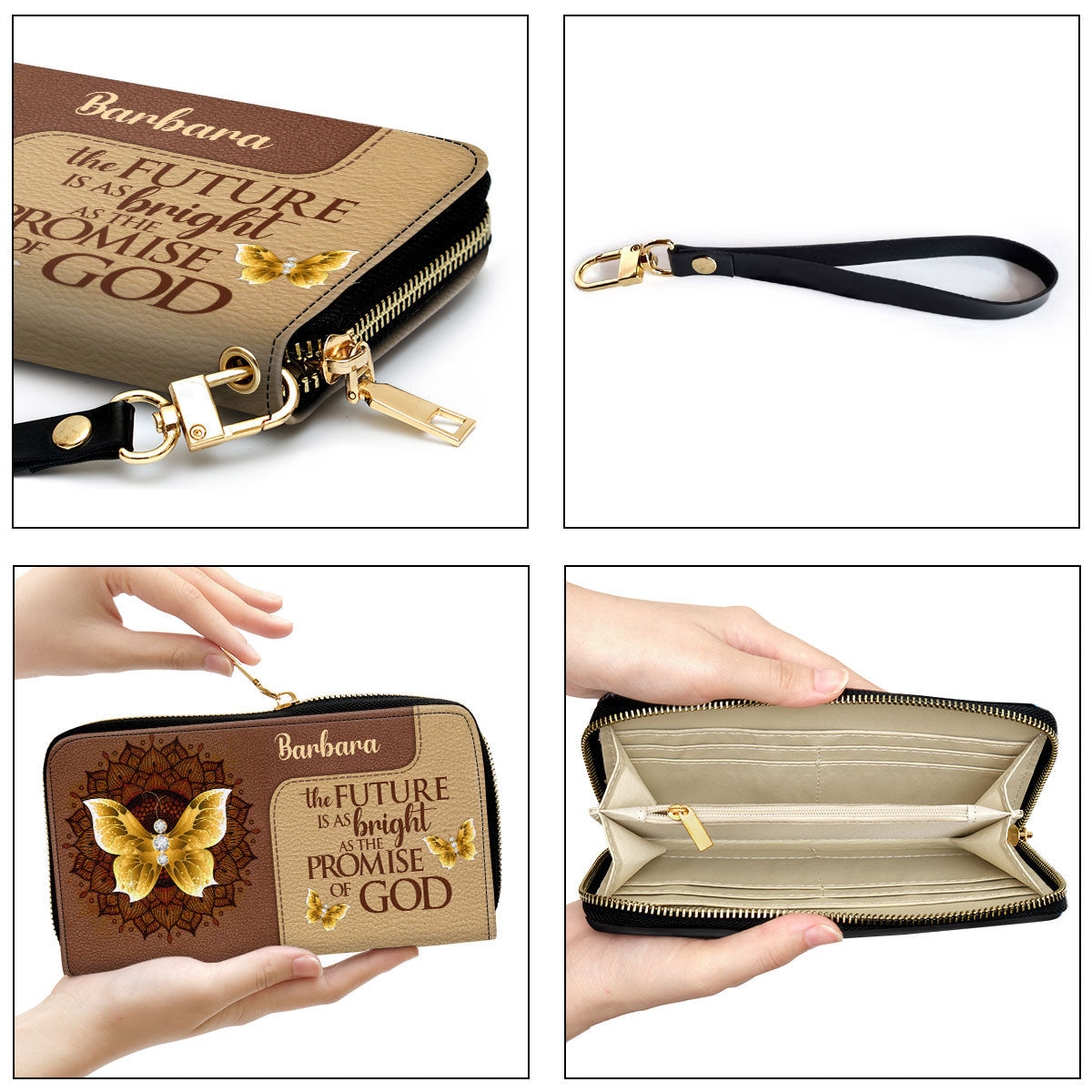 Women Clutch Purse - Flower And Butterfly Personalized Leather Clutch Purse With Wristlet Strap Handle Spiritual Gifts For Religious Woman