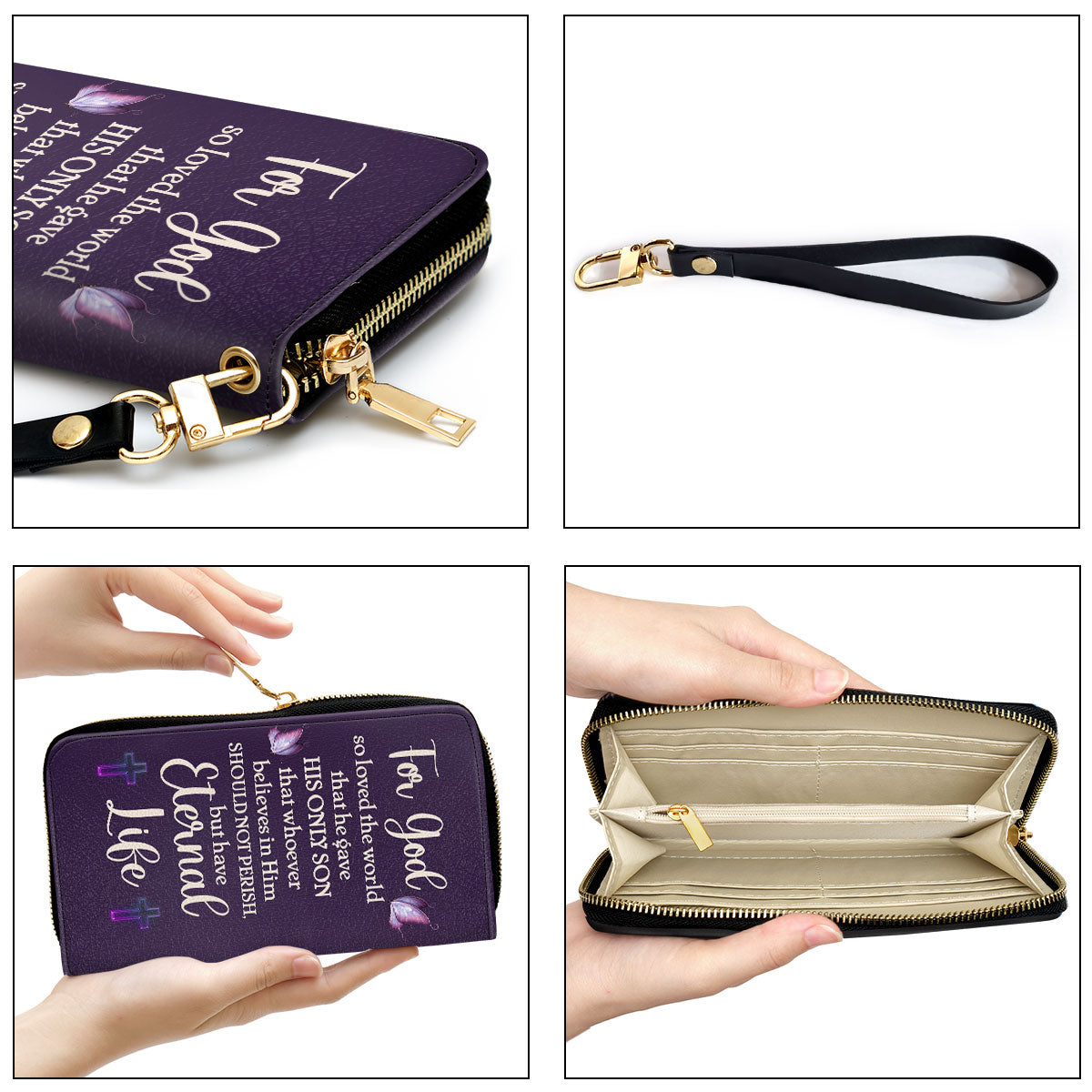 Women Clutch Purse - For God So Loved The World Personalized Purple Leather Clutch Purse Spiritual Gifts For Christian Women