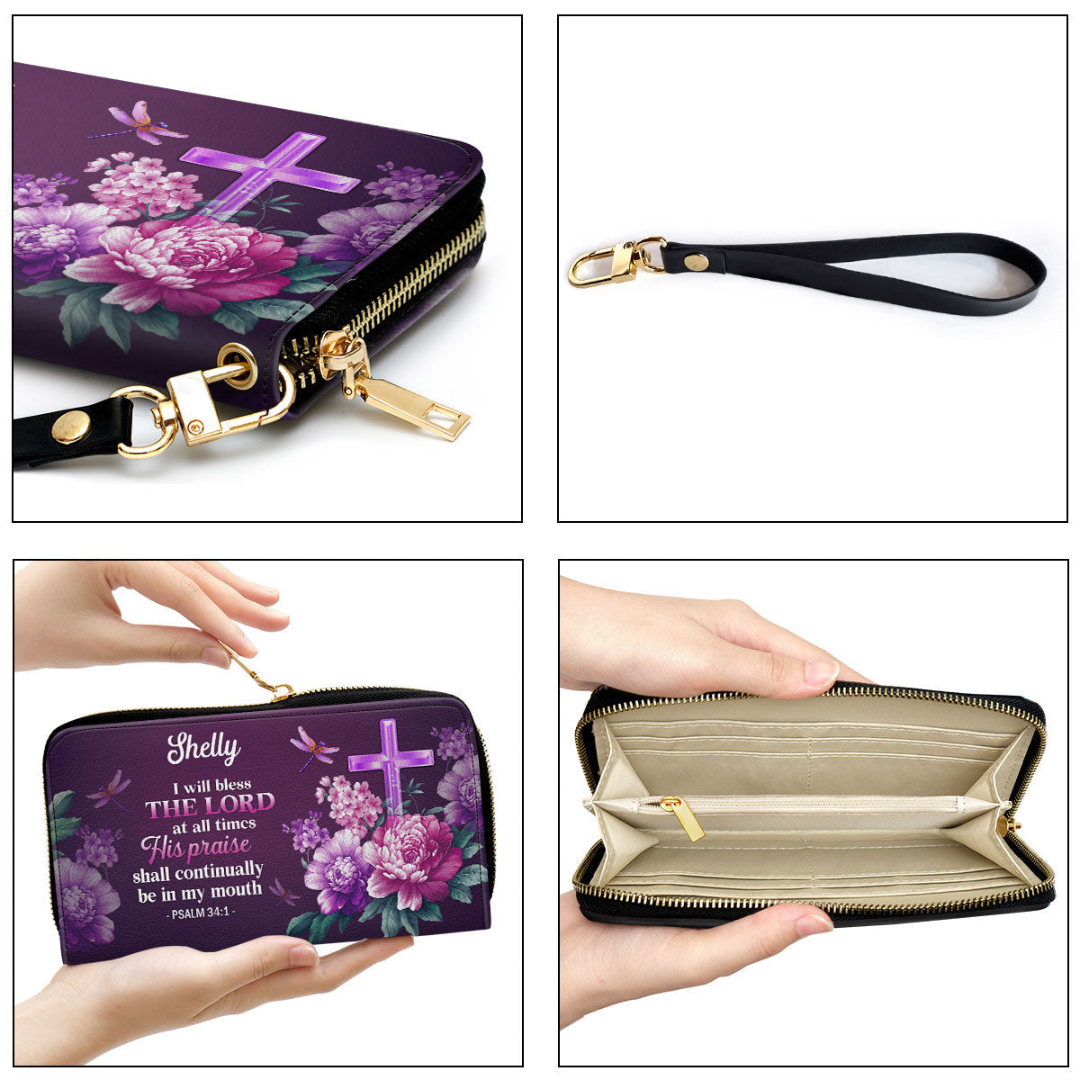 Women Clutch Purse - I Will Bless The Lord At All Times Psalm 341 Personalized Leather Clutch Purse Cross And Flower