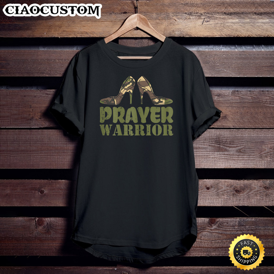 Womens Camo Heels Prayer Warrior Faith God Jesus Women T-Shirt - Christian Shirt