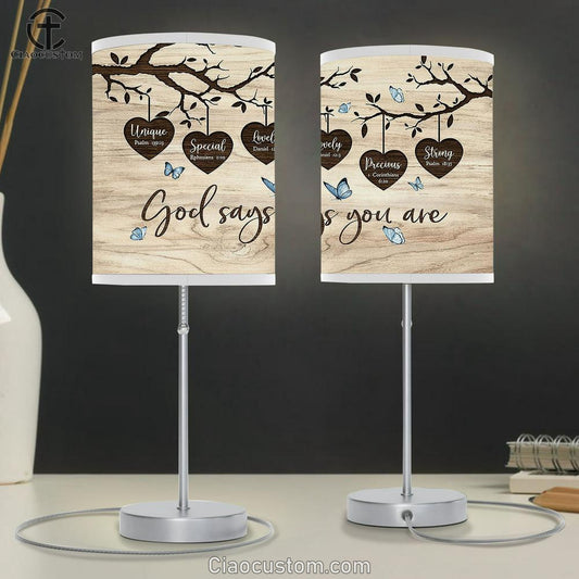 Wooden Heart Oldest Tree Blue Butterfly God Says You Are Unique Table Lamp Art - Bible Verse Lamp Art - Room Decor Christian