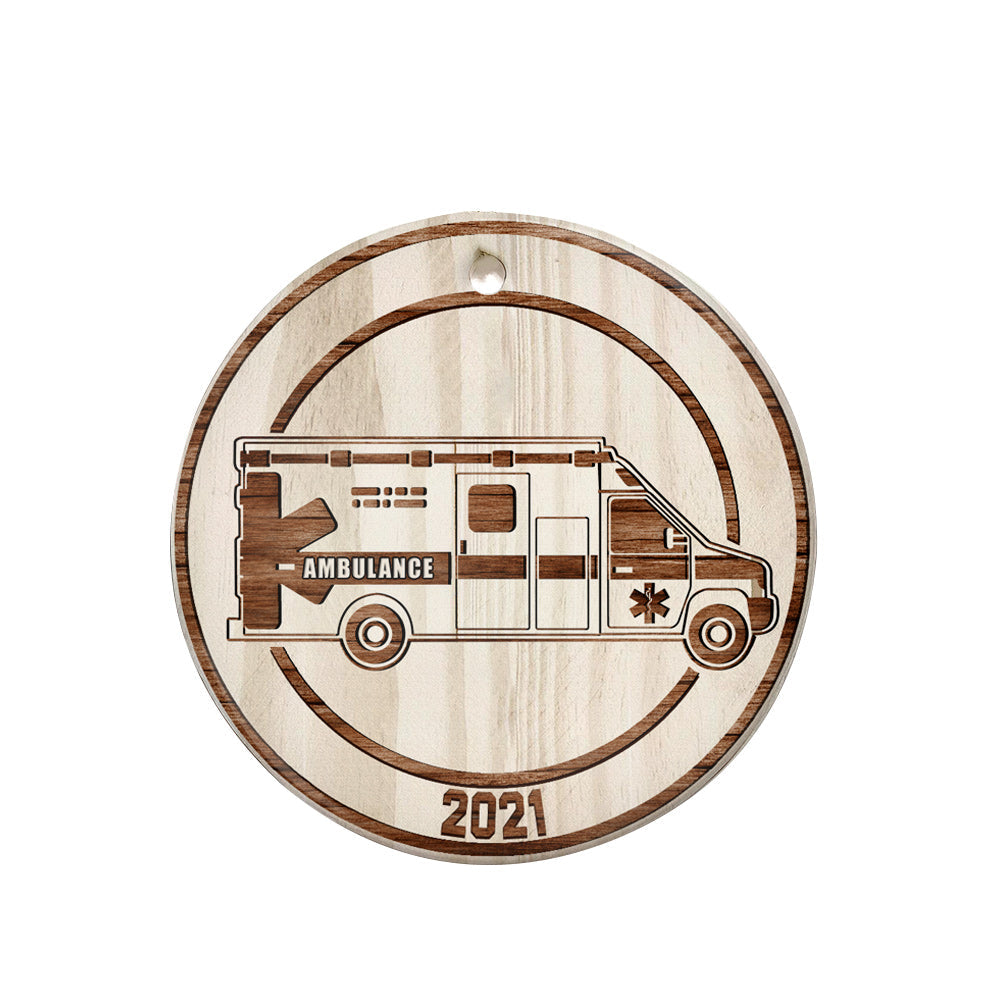 Wooden Style Ambulance Medical Vehicle Ceramic Circle Ornament - Decorative Ornament - Christmas Ornament