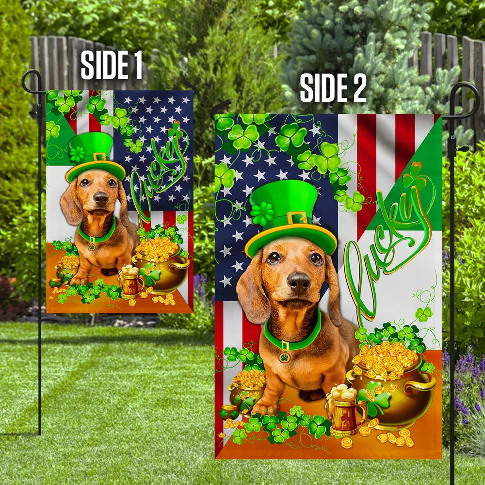Yellow Dachshund Happy House Flag - St Patrick's Day Garden Flag - Outdoor St Patrick's Day Decor