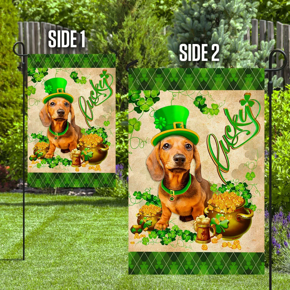 Yellow Dachshund House Flag - St Patrick's Day Garden Flag - Outdoor St Patrick's Day Decor