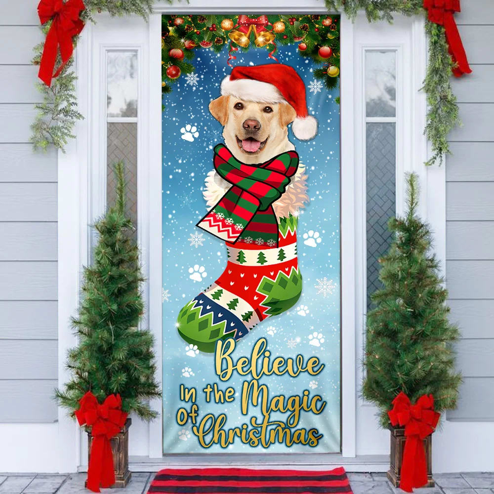 Yellow Lab In Sock Door Cover Believe In The Magic Of Christmas Labrador Retriever - Christmas Outdoor Decoration
