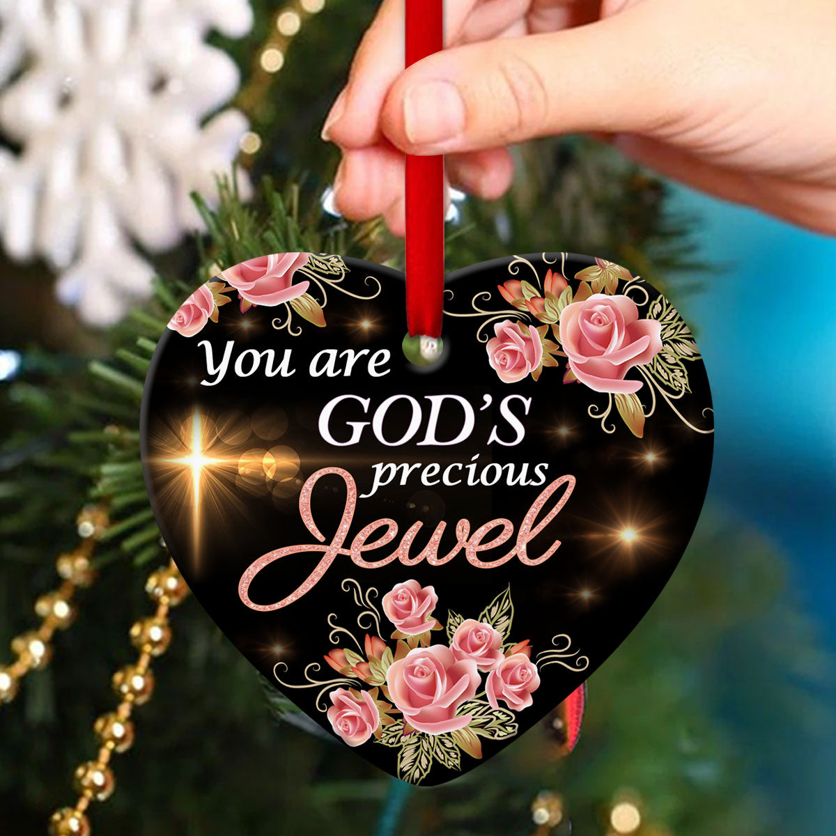 You Are God’s Precious Jewel - Adorable Roses Ceramic Heart Ornament - Gift For Christmas