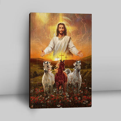 Jesus Three Wooden Crosses Gorgeous Horses Running At Sunrise Canvas Wall Art - Christian Wall Canvas - Gift For Horse Lover