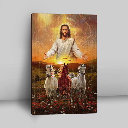 Jesus Three Wooden Crosses Gorgeous Horses Running At Sunrise Canvas Wall Art - Christian Wall Canvas - Gift For Horse Lover