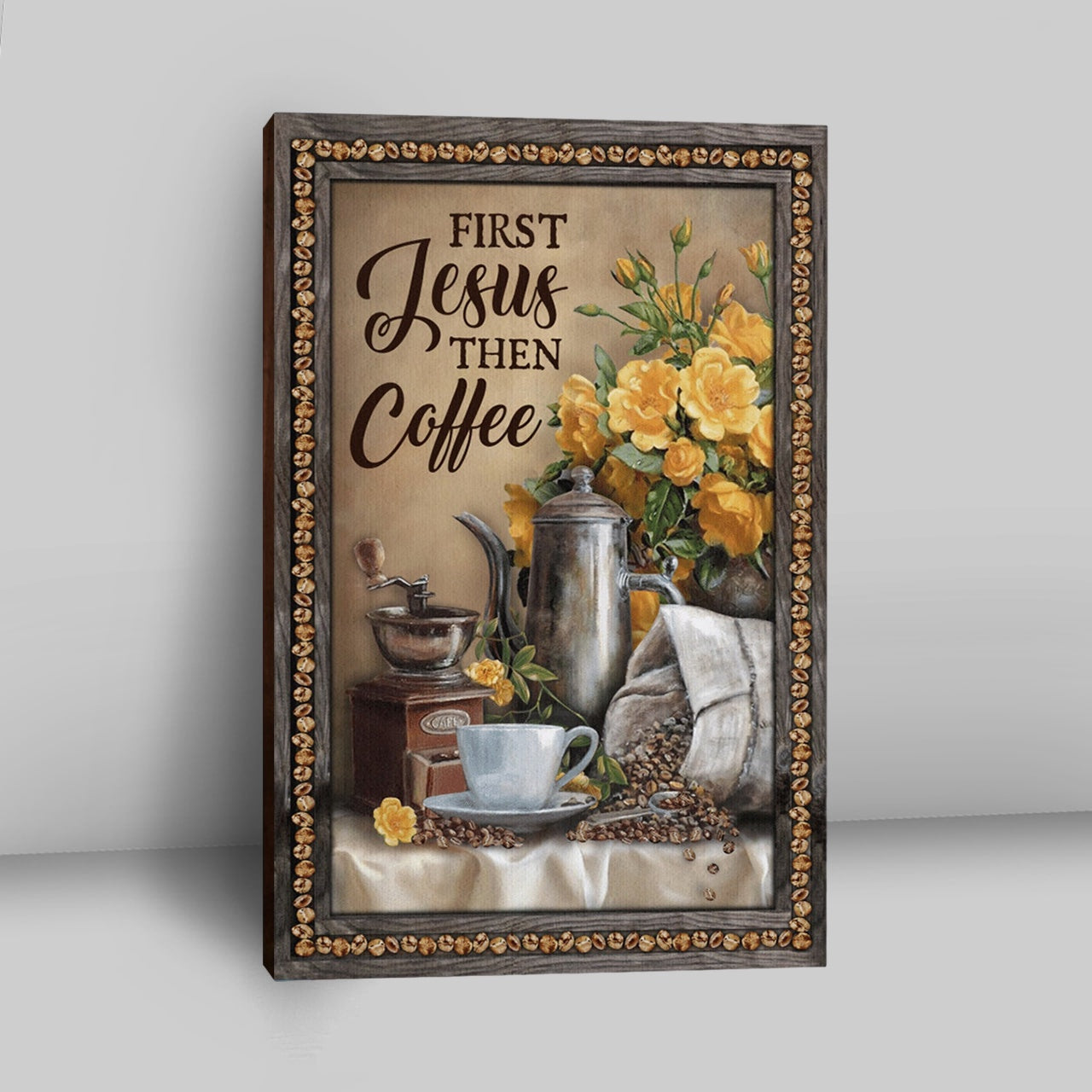 First Jesus Then Coffee Flower Cafe Cup Canvas Wall Art - Christian Wall Art Decor - Religious Canvas Prints