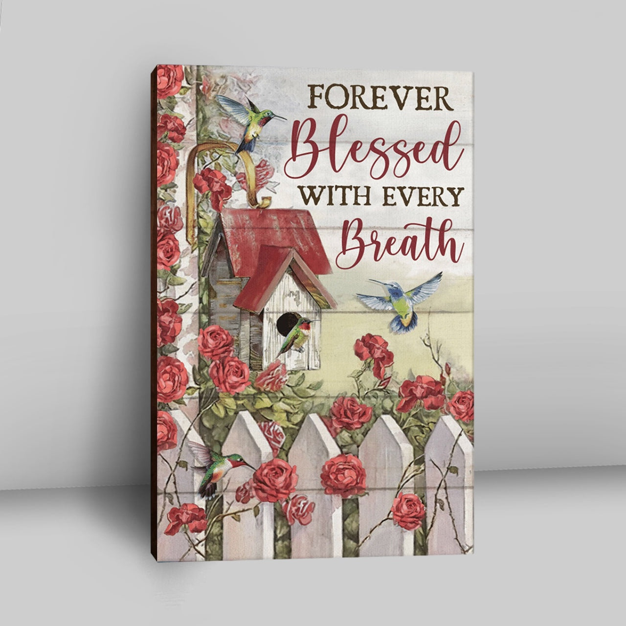 Forever Blessed With Every Breath Red Rose Garden Hummingbird Canvas Wall Art - Christian Wall Art Decor - Religious Canvas Prints