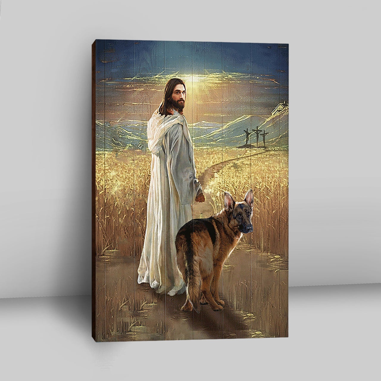 Jesus And German Shepherd Dog Walking Rice Field Canvas Wall Decor - Christian Wall Art - Gift For Dog Lover