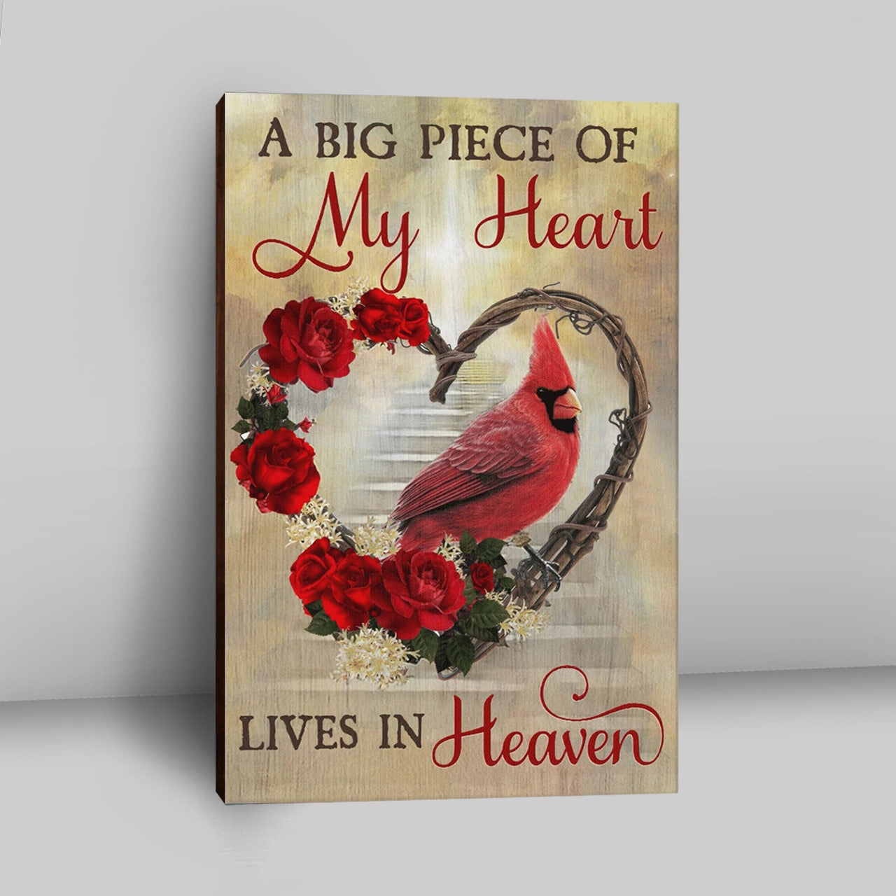 A Big Piece Of My Heart Lives In Heaven Red Rose Cardinal Canvas Wall Art - Christian Wall Art Decor - Religious Canvas Prints