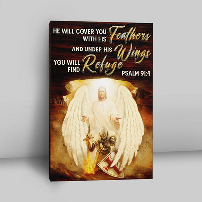 He Will Cover You With His Feathers Canvas - Jesus Angel Wings Warrior Canvas Wall Art - Christian Wall Art Decor - Religious Canvas Prints