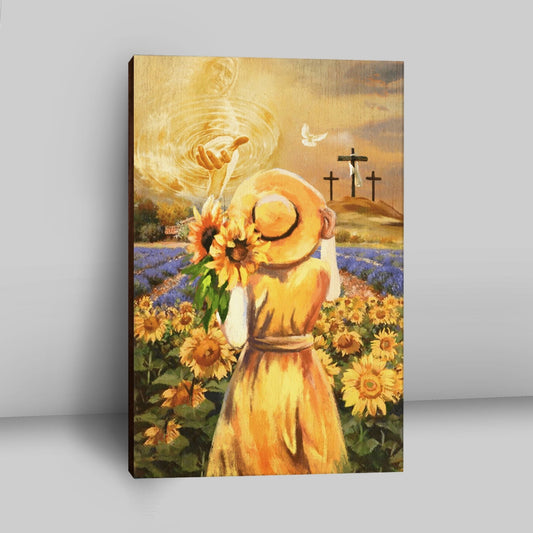 Jesus Hand Beautiful Girl Sunflower Field Cross Canvas Prints - Jesus Christ Canvas Art - Christian Wall Decor