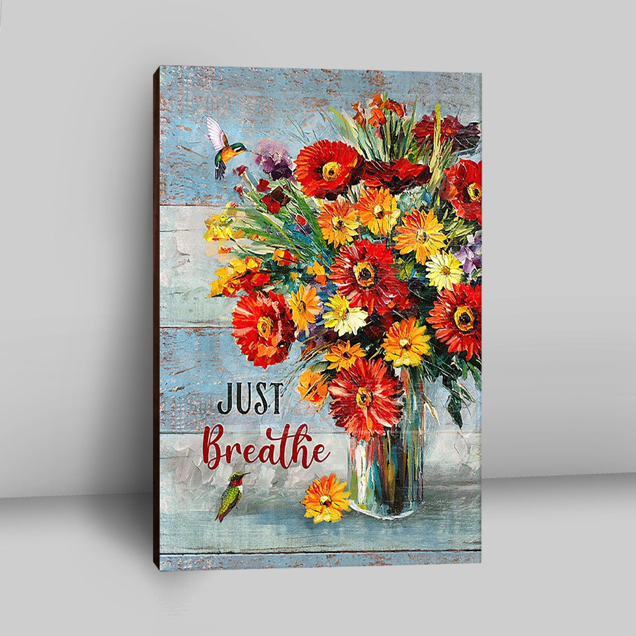 Just Breathe Brilliant Flower Hummingbird Canvas - Christian Wall Art - Religious Home Decor