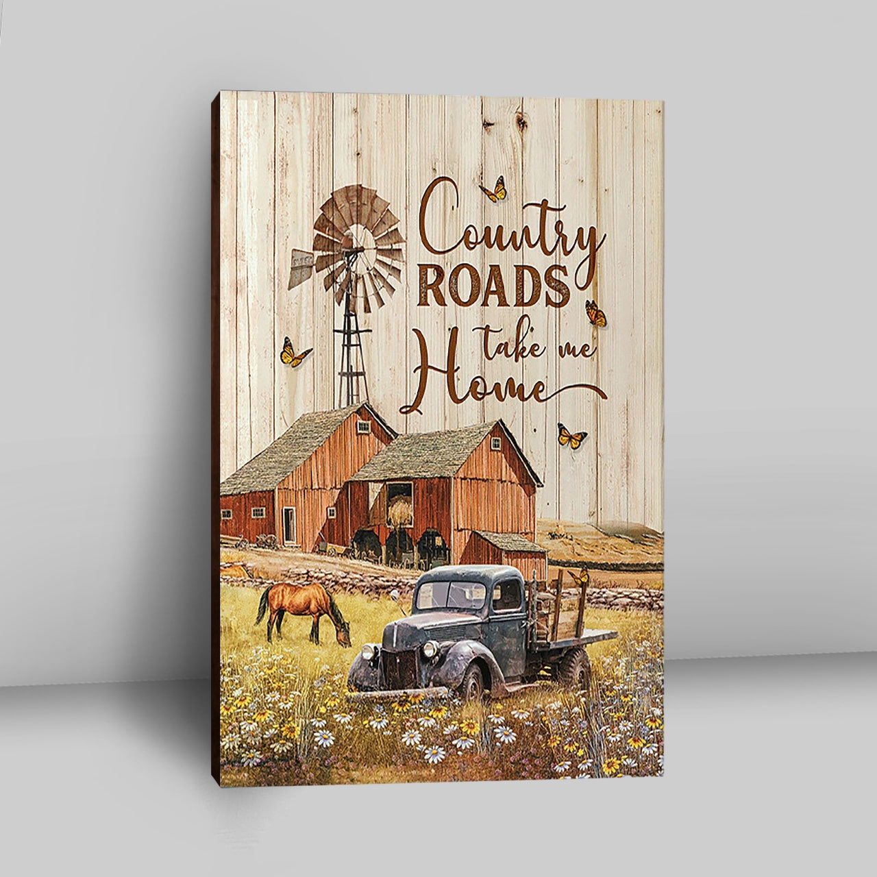 Country Roads Take Me Home Ladybug Car Horse Canvas Wall Art - Christian Wall Canvas - Gift For Horse Lover