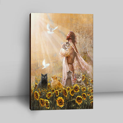 Jesus And Cat Sunflower Garden Canvas Art - Christian Wall Art Decor - Gift For Cat Lover