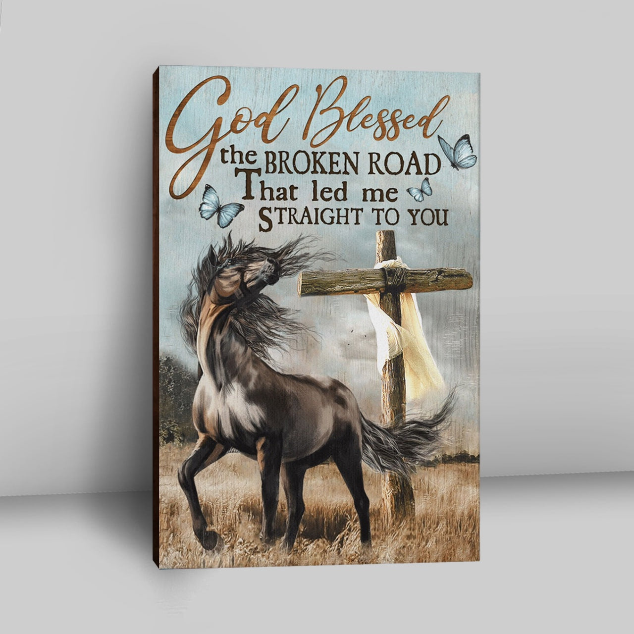 God Blessed The Broken Road That Led Me Straight To You Canvas - Horse Cross Butterflies Canvas Wall Art - Christian Wall Art Decor