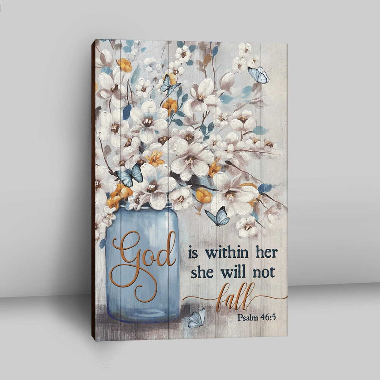 God Is Within Her Jasmine Flower Blue Vase Butterfly Canvas Wall Art - Christian Wall Art Decor - Religious Canvas Prints