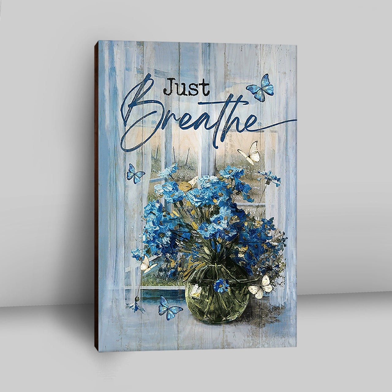 Just Breathe Blue Daisy Butterfly Canvas - Christian Wall Art - Religious Home Decor