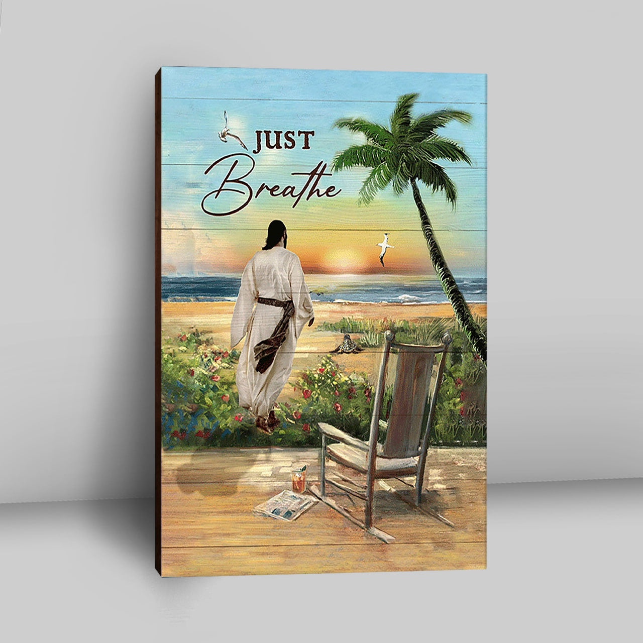 Jesus Walks Sunset Beach Just Breathe Canvas - Christian Wall Art - Religious Home Decor