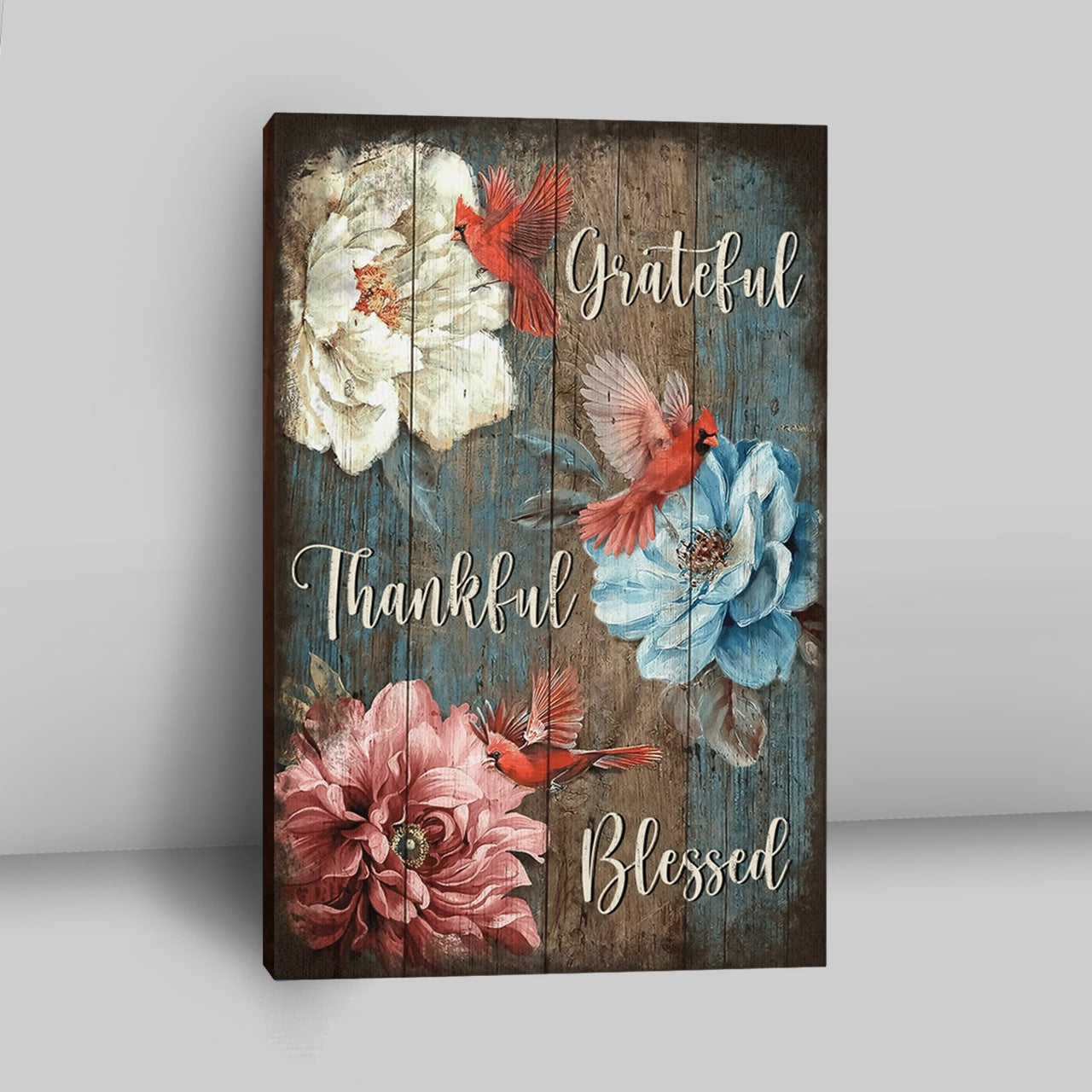 Grateful Thankful Blessed Beautiful Camellia Northern Cardinal Canvas Wall Art - Christian Wall Art Decor - Religious Canvas Prints