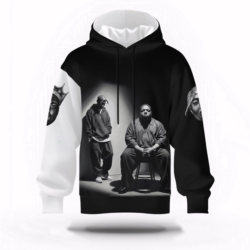 2Pac Biggie Two Legends Sitting Black Hoodie, Rapper 3D Hoodie, Rap Legends Hoodie