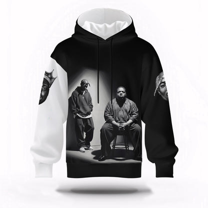 2Pac Biggie Two Legends Sitting Black Hoodie, Rapper 3D Hoodie, Rap Legends Hoodie
