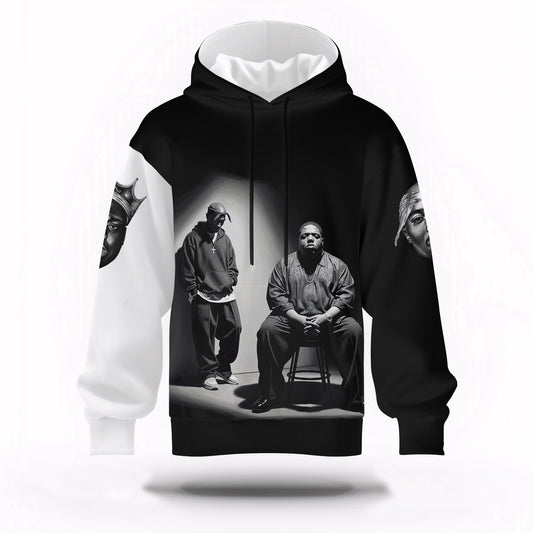 2Pac Biggie Two Legends Sitting Black Hoodie, Rapper 3D Hoodie, Rap Legends Hoodie