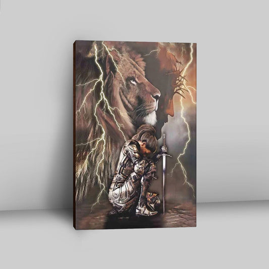 Lion And Knight Jesus Female Warrior Canvas Wall Art - Christian Home Decor - Religious Art