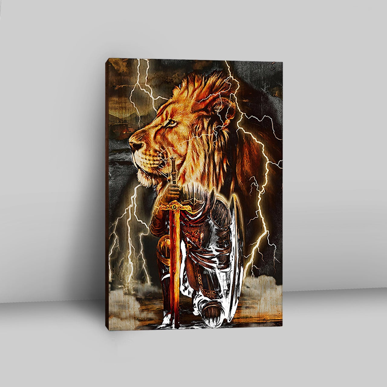 Knight Kneel In Front Of Lion Jesus Christ Warrior Canvas Wall Art - Christian Home Decor - Religious Art