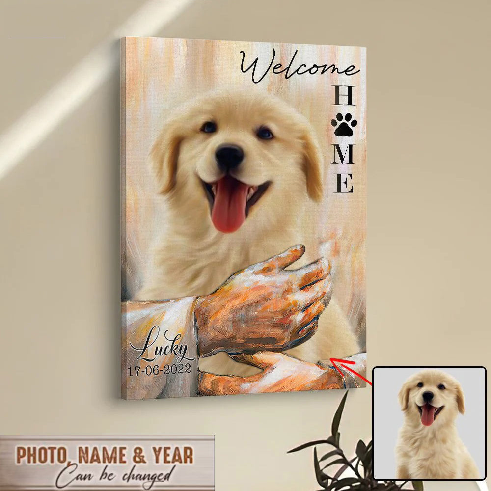 Welcome Home Jesus With Dog Canvas Wall Art - Pet In The Arms of Jesus Canvas Prints - Customized Dog Photos For Pet Lover