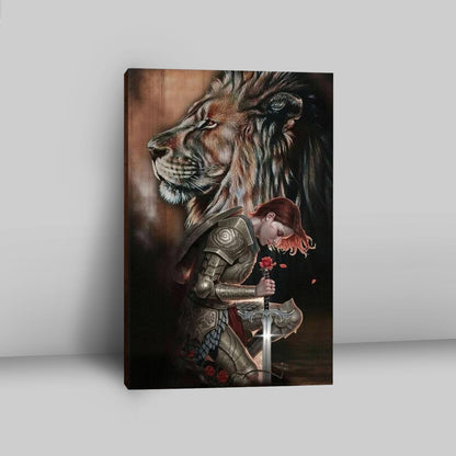 Female Warrior Kneel And Lion Of Judah Canvas Wall Art - Christian Home Decor - Religious Art